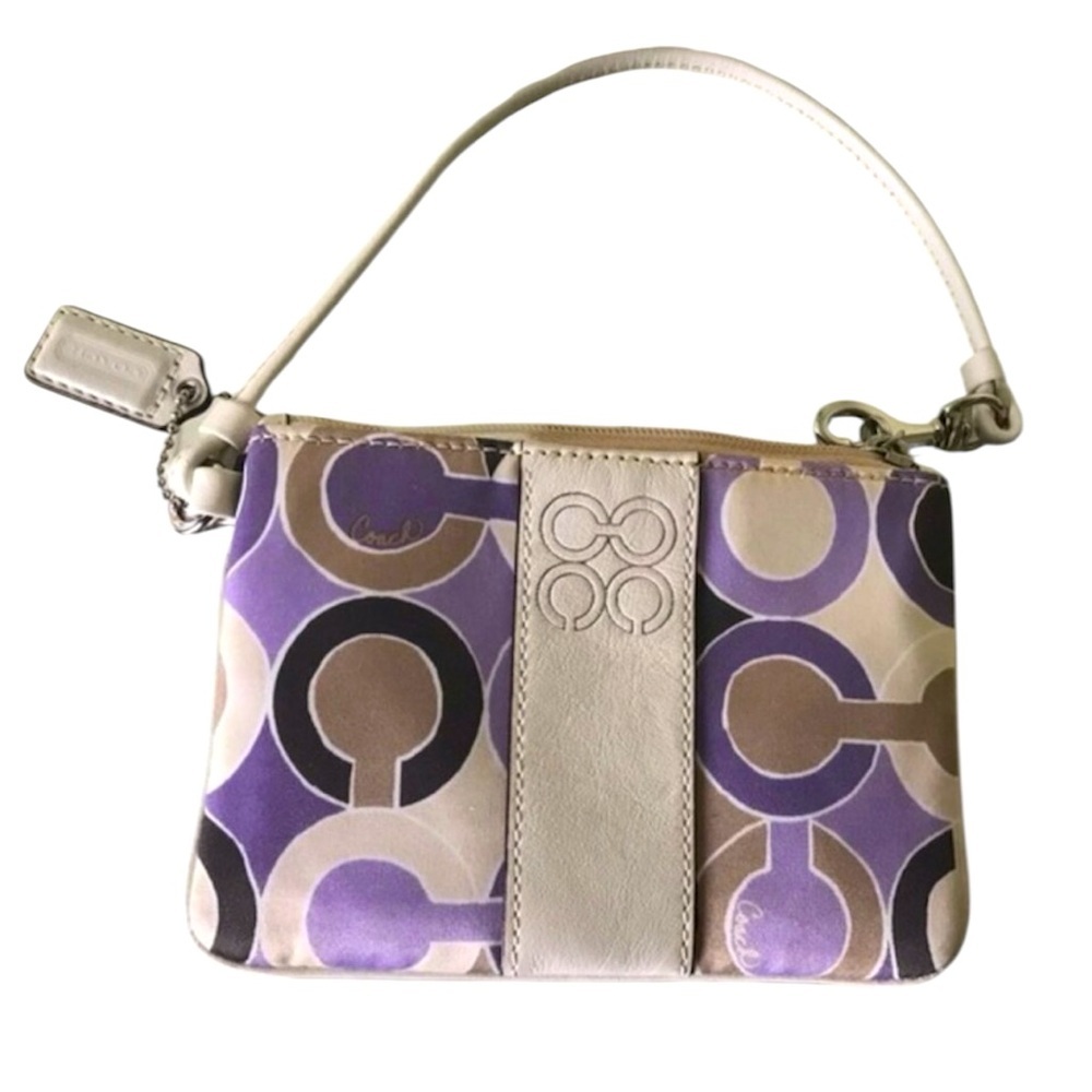 Coach NEW Logo White leather Satin Purple Wristlet Wallet Clutch Bag Silver Zip
